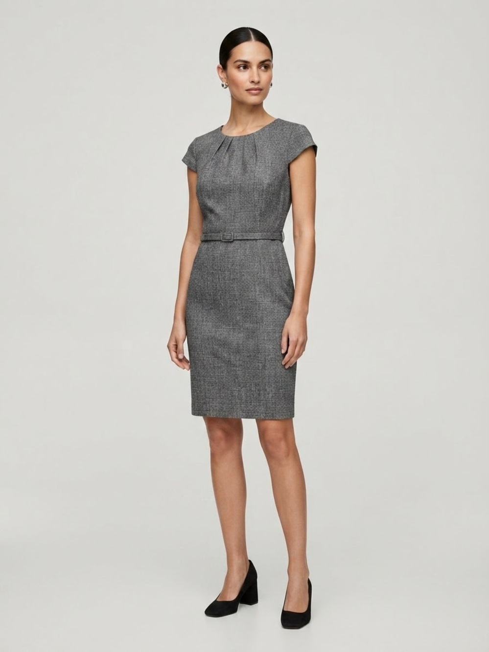 H&M women Grey Plaid Pleated Neck Belted Sheath Career Dress office work Size S
